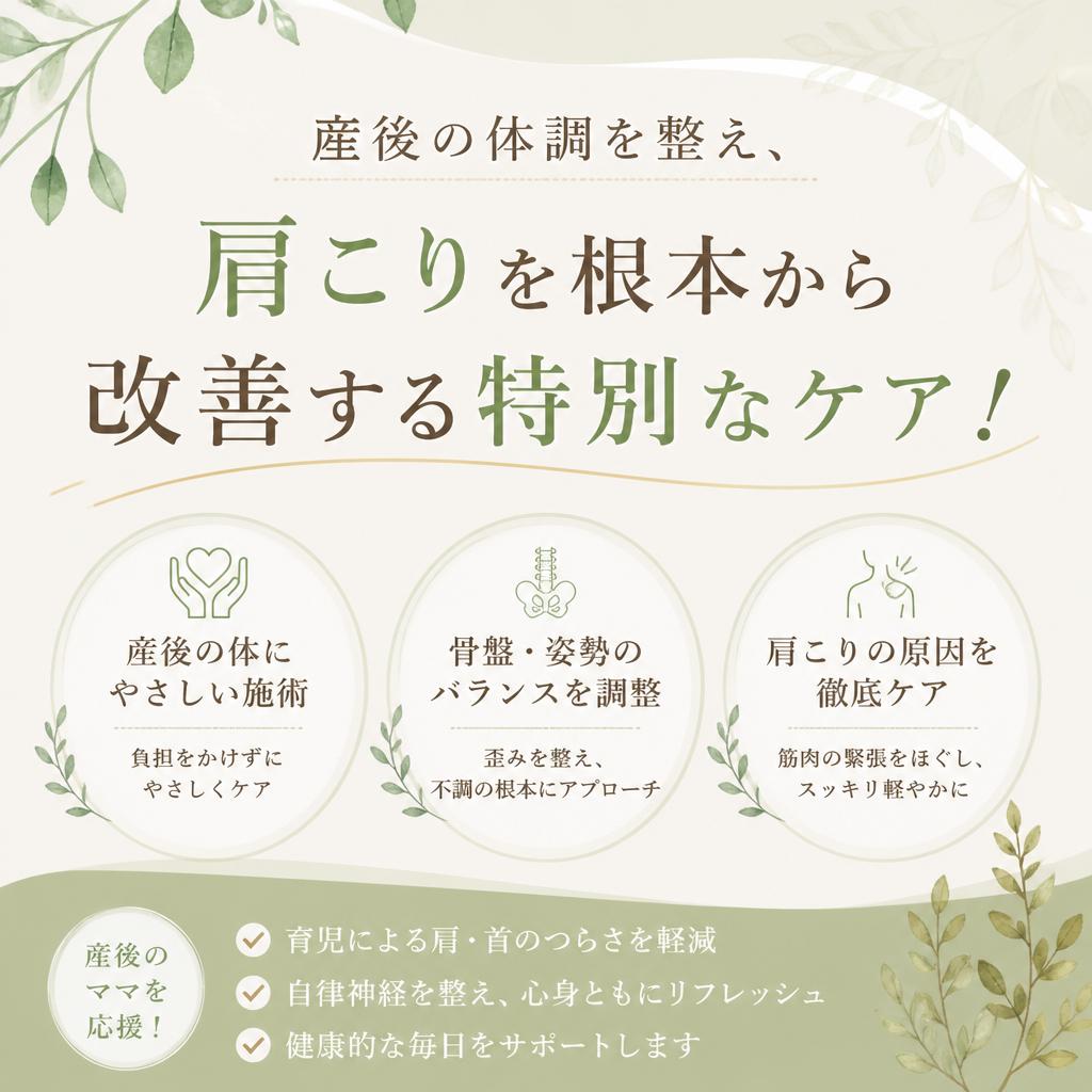 産後の体調を整え、肩こりを根本から改善する特別なケア！