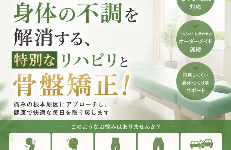 交通事故による身体の不調を解消する、特別なリハビリと骨盤矯正！