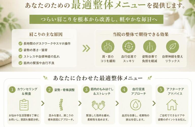 肩こりにさよなら！あなたのための最適整体メニューを提供します。