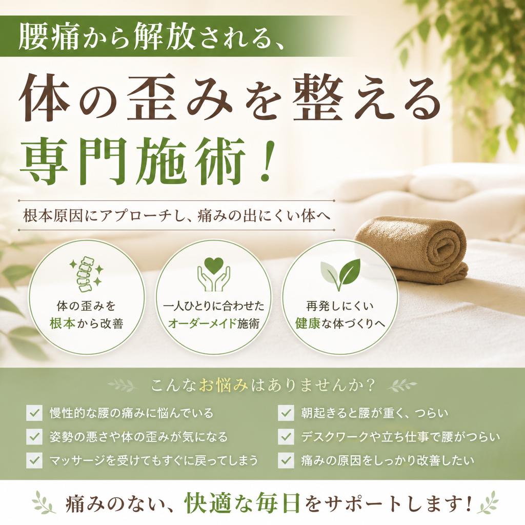 腰痛から解放される、体の歪みを整える専門施術！