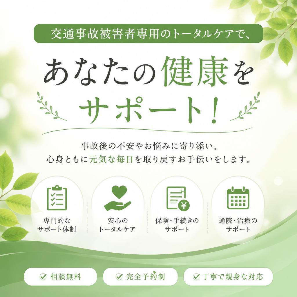 交通事故被害者専用のトータルケアで、あなたの健康をサポート！