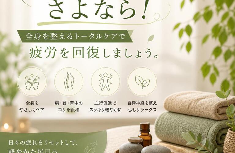 肩こりとはさよなら！全身を整えるトータルケアで疲労を回復しましょう。